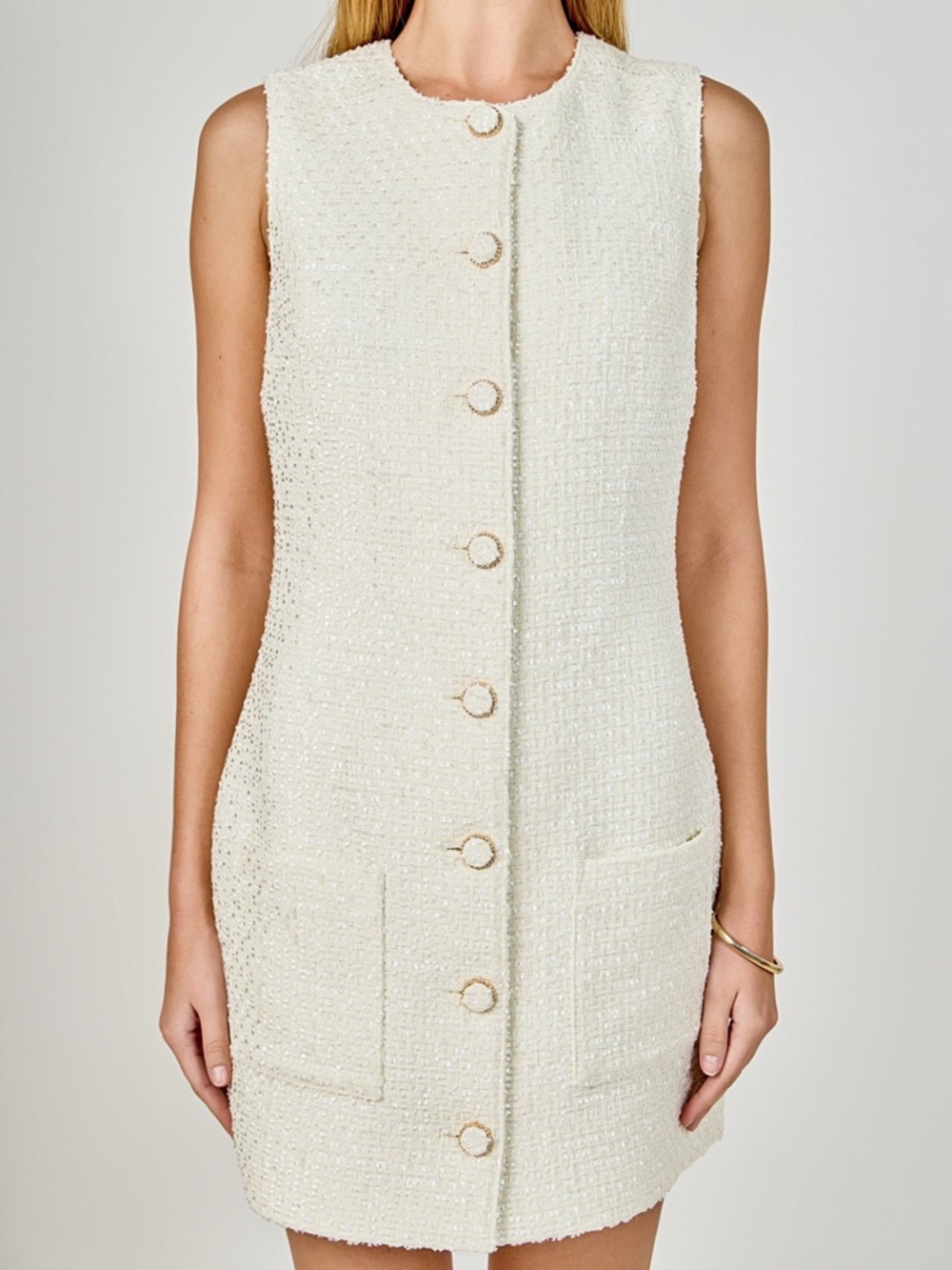 Endless Rose Sleeveless Tweed Mini Dress with Gold Accent Buttons in Ivory Large